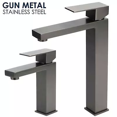 Square Gun Metal Grey Bathroom Sink Tap Tall Basin Mixer Spout Vanity Faucet • $108