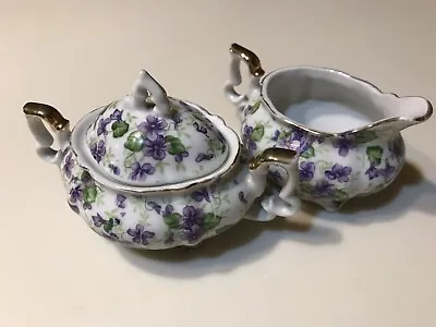 Lefton Royal Violet Chintz Mini Covered Sugar Bowl & Creamer 663v • $16.99