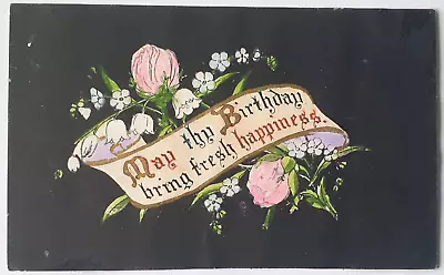 BLACK Antique Victorian Birthday Card Lily Of The Valley Pink Roses HAPPINESS • £3.79