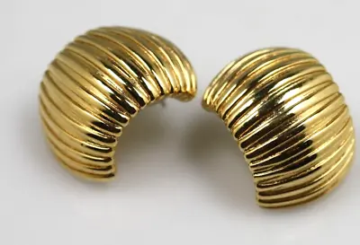 Vintage Gold Tone Ridged Wide Half Hoop Earrings Posts Pierced Classy Glam • $6.50