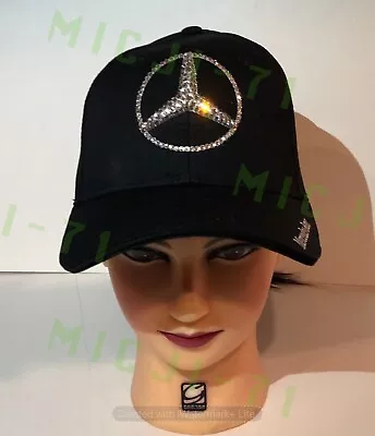 Mercedes Benz Bling 3D Logo Hat Cap W Swarovski Crystals Black Adjustable • $64.99