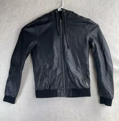 21 Men Faux Leather Jacket Mens XS Moto Hooded Full Zip Lined Bomber Biker • $19.99