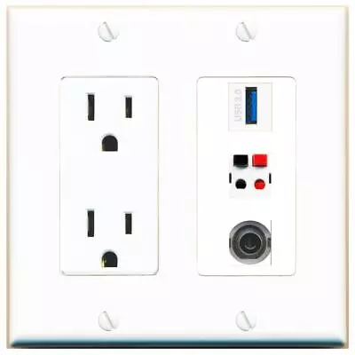 3 Port Power Outlet Cover Plug Jack UL 2 Gang 3-5MM SPEAKER USB-3 Wall Plate • $19.94
