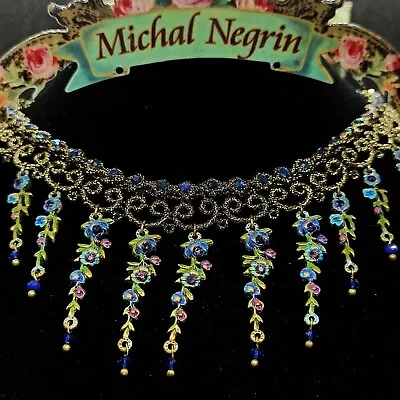 Michal Negrin Necklace Cocktail Chandelier Lace Flower Crystals Statement Box  • $215.20