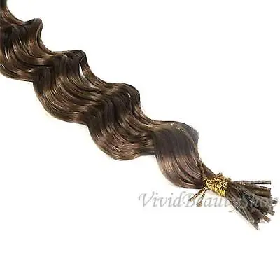 50 Deep Wave Curly I Stick Tip Micro Link Remy Human Hair Extensions Light Brown • £70.38