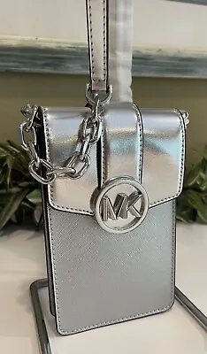 Michael Kors Carmen Small Mini Ns Phone Chain Crossbody Bag Metallic Silver • $69.99