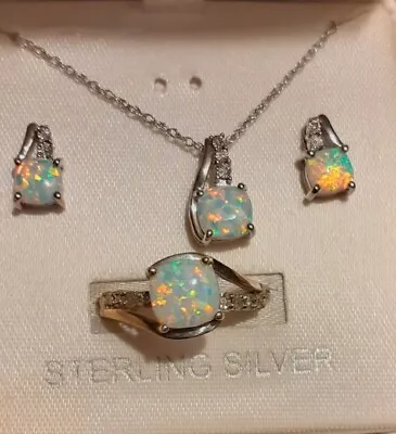 Sterling Silver  Opal+ Diamond Necklace Earrings  Ring Sz 8 . Tested. • $180