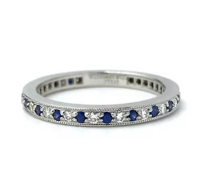 Tiffany & Co Platinum Legacy Blue Sapphire Diamond Eternity Milgrain Band Ring • $1250