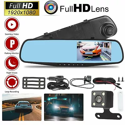 1080P Dual Lens Dash Camera Car Auto DVR Cam Reversing Rearview Mirror Recorder • $42.99