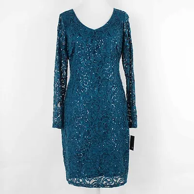 Marina NEW Sz 8 Teal Blue Lace Overlay Sequin Open Back Nylon Spandex Dress • $34.99