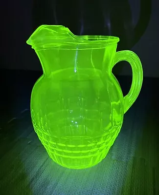 Vintage URANIUM Glass Pitcher 9” Glows Vaseline Depression NICE! • $105