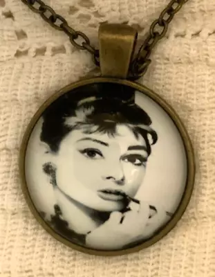 $4 • Buy Audrey Hepburn Bronze Tone Necklace Chain Glass Domed Pendant 1 
