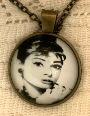 $4 • Buy Audrey Hepburn Bronze Tone Necklace Chain Glass Domed Pendant 1 
