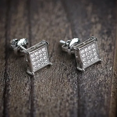 Mens Hip Hop Silver Square Small Micro Pave Screw Back Cz Stud Earrings • $15.99