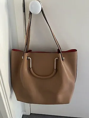 $50 • Buy Mimco Large Tan Flip Side Tote Leather Handbag Orange Interior (Worn Out Straps)