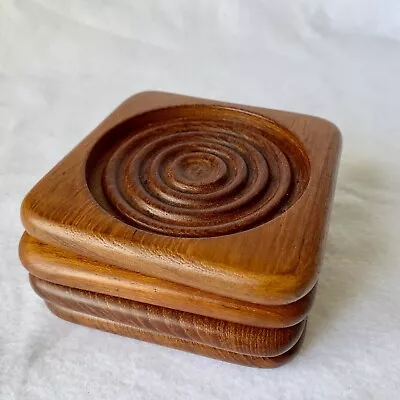 Teak Wood Coasters Set Of 4 Carved Circular Pattern Mid-Century Modern • $9