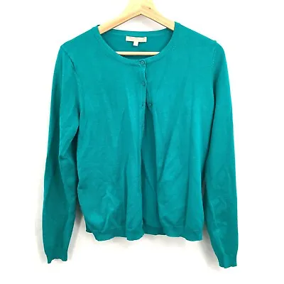 JOAN VASS Rayon Blend Button-Front Classic Cardigan Sweater Casual Teal Green L • $18.75