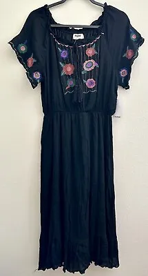 Kindred Peasant Boho Woven Mexican Maxi Dress Embroidered Floral Black Large • $32.99