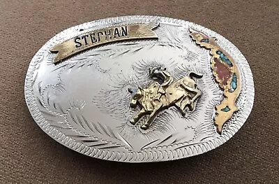 Rare Vintage Name Stephan Cowboy Western Bull Riding Rodeo Trophy Belt Buckle • $59