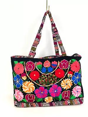 Mexican Hand Embroidered Zippered Cloth Tote Bag Chiapas Rainbow Flowers • $36