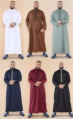 Mens Thobe Jubba Nehru Stand Collar Islamic Clothing Kaftan Embroidery Eid Robe • £39.99