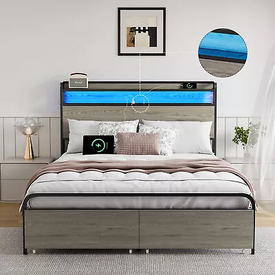 Full/Queen Size Bed Frame With Storage Drawers And LED Lights • $189.99