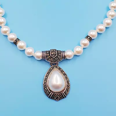 Vintage Judith Jack Sterling Silver Marcasite Art Deco Style Faux Pearl Necklace • $29.99