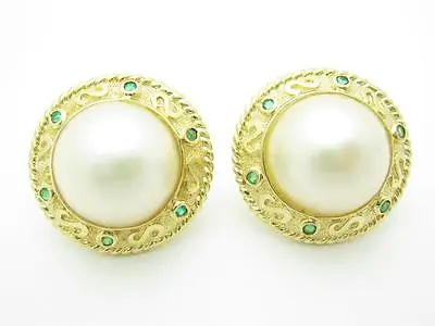 14kt Solid Yellow Gold Genuine Mabe Pearl Green Emerald French Back Earrings New • $725