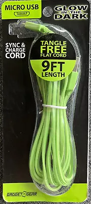 New Micro USB Cable 9 Feet Long Glow In The Dark Green ￼ Tangle Free Flat Cord • $8.31