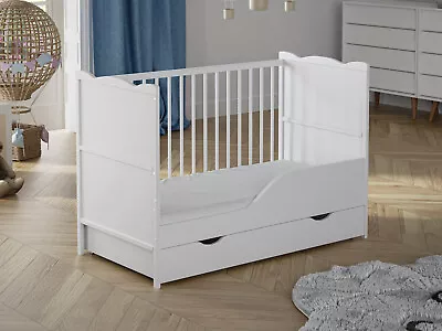 Baby Cot Bed 120x60cm With Drawer Safety Protective Barrier And Mattress • £169