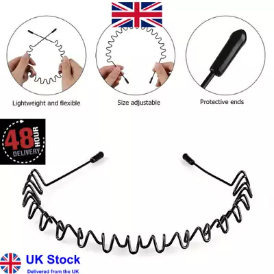 Black Metal Sports Hairband Headband Wave Alice Style Hair Band For Men & Women • £2.35