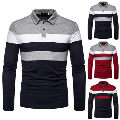 $16.43 • Buy Men Colorblock Polo Neck T-Shirt Long Sleeve Casual Golf Pullover Blouse Tops