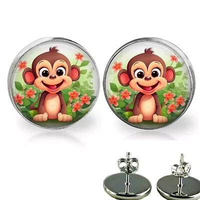 Monkey Stud Earrings Pink Flowers Watercolor Art Print Monkey Lover Gift • $11.95