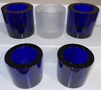 Marimekko Finland Glass Cobalt Blue Votive & Frosted Kivi Candle Holder Set Of 5 • $120