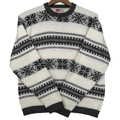 Vintage OLAV ANDERSEN REVERE Nordic Fair Isle Cardigan Sweater White Gray 70s • $27.95