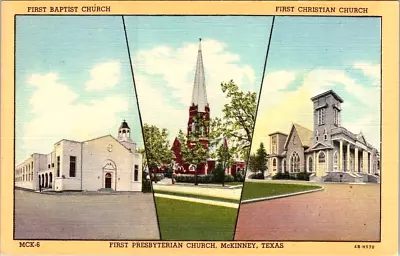 Postcard McKinney Texas Baptist Presbyterian First Christian Churches. E. • $3.95