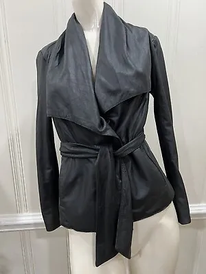 Vince Women’s Black Soft Leather Sweater Jacket Wrap Tie Waist Drape  XS • $149.99
