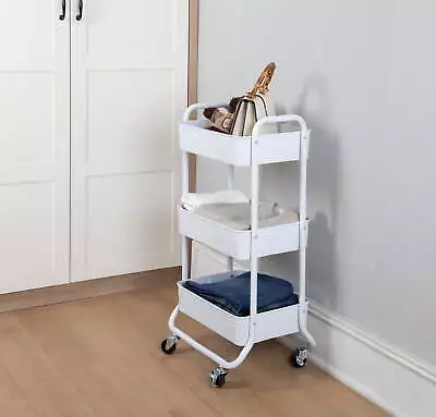 Tier Metal Utility Cart Arctic White Laundry Baskets Easy Rolling • $28.47