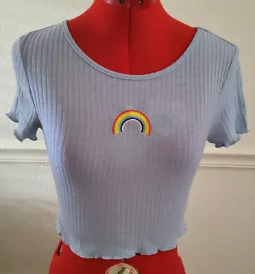 Shein Blue Rainbow Patch Stretch Ribbed Ruffle Midriff Sweater Crop Top S • $5.99