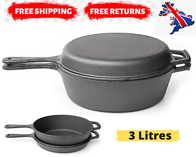 £29.99 • Buy 2in1 Combo Cooker Pre Seasoned Dutch Oven Pot Cast Iron Frying Pan Griddle 3Ltr