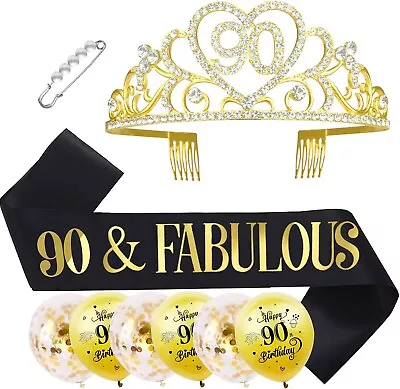 90th Birthday Sash Tiara Balloons Black Gold Sparkly Gift Accessory Rhinestones • £7.69