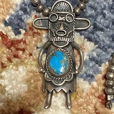 Old Pawn Navajo Sterling Silver & Turquoise  KACHINA  Bench Pearls Necklace • $395