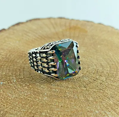 925 Sterling Silver Handmade Men's Ring With Square Shape Mystic Topaz Stone • £50.12