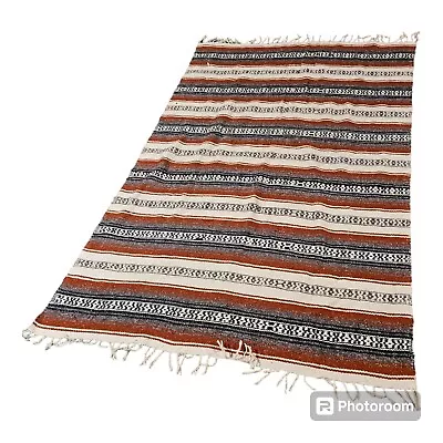 Vintage Mexican Southwestern Red Blue White Striped Blanket Rug 50 X70  Handmade • $35