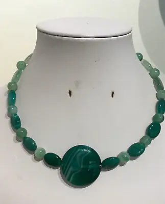15  Memory Wire Choker Necklace With Green Dyed Agate Disk Beads & Ovals • £10