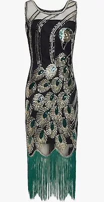 Women Dress SZ M Green Peacock V Neck Beads Fringed 1920 Great Gatsby Party NWT • $14.99