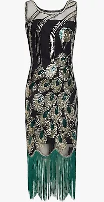 Women Dress SZ XL Green Peacock V Neck Beads Fringed 1920 Great Gatsby Party NWT • $19.99