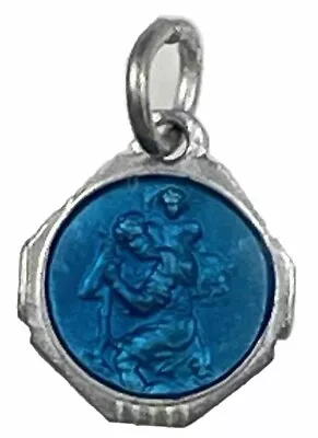 Vintage Catholic St Christopher Blue Enamel Tiny  Silver Tone Religious Medal • $8.99