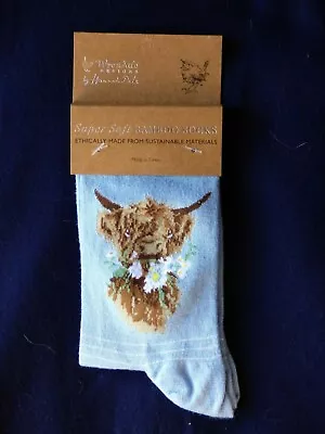 Wrendale Bamboo Socks  DAISY COW  Pale Blue. By Hannah Dale Free Gift Bag • £7.95