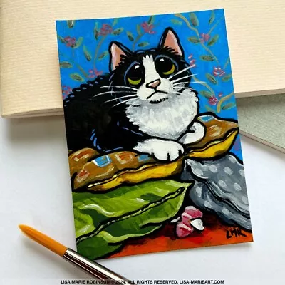 Original ACEO Painting Sad Tuxedo Cat Pillow Pile Art By Lisa Marie Robinson • £8